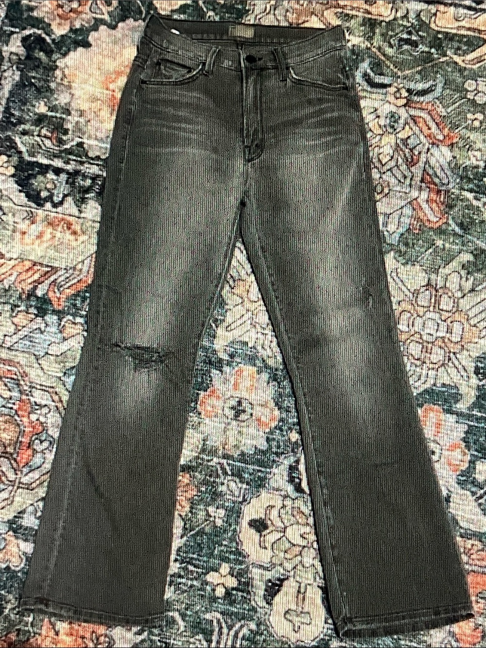 MOTHER Black Washed Ankle Crop Jeans with Knee Rip